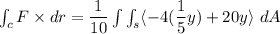 \int_c F \times dr =\dfrac{1}{10} \int \int_s  \langle -4 (\dfrac{1}{5}y)+20y \rangle \ dA