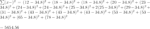 \sum (x-\mean)^2=(12-34.8)^2+(18-34.8)^2+(18 -34.8)^2+( 20 -34.8)^2+(23 -34.8)^2+(24 -34.8)^2+( 24 -34.8)^2+(25 -34.8)^2+2( 25 -34.8)^2+( 29-34.8)^2+( 31-34.8)^2+( 43-34.8)^2+( 43 -34.8)^2+( 43 -34.8)^2+( 53 -34.8)^2+( 53-34.8)^2+( 65 -34.8)^2+( 78-34.8)^2\\\\=5654.56