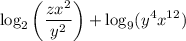 $\log _2\left(\frac{zx^2}{y^2} \right) +\log _9(y^4 x^{12})$