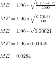 ME = 1.96*\sqrt{\frac{0.7(1-0.7)}{1000} } \\\\ME = 1.96*\sqrt{\frac{0.7(0.3)}{1000} } \\\\ME = 1.96*\sqrt{0.00021} } \\\\ME = 1.96*0.01449\\\\ME = 0.0284