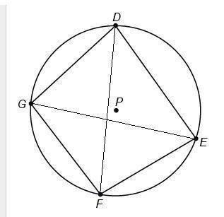 Given: Quadrilateral DEFG is inscribed in circle P. Prove: m∠G+m∠E=180∘