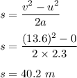 s=\dfrac{v^2-u^2}{2a}\\\\s=\dfrac{(13.6)^2-0}{2\times 2.3}\\\\s=40.2\ m