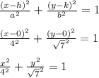 \frac{(x-h)^2}{a^2}+\frac{(y-k)^2}{b^2}=1\\\\\frac{(x-0)^2}{4^2}+\frac{(y-0)^2}{\sqrt{7} ^2}=1\\\\\frac{x^2}{4^2}+\frac{y^2}{\sqrt{7} ^2}=1