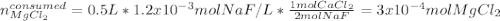 n_{MgCl_2}^{consumed}=0.5L*1.2x10^{-3}molNaF/L*\frac{1molCaCl_2}{2molNaF} =3x10^{-4}molMgCl_2