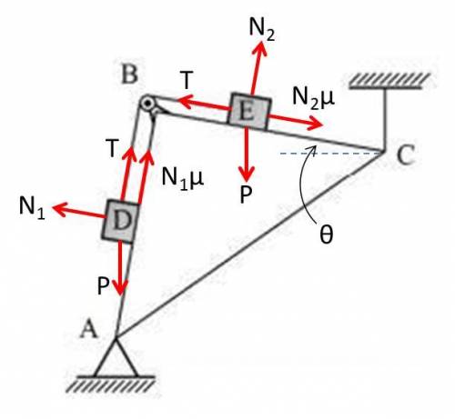 P-weight blocks D and E are connected by the rope which passes through pulley B and are supported by