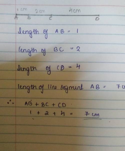 There are four points on a line: A, B, C and D, so that AB=1, BC=2, CD=4. Find the length of segment