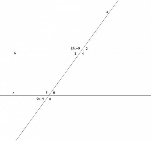 Lines b and c are parallel. Horizontal and parallel lines b and c are cut by transversal a. Where li