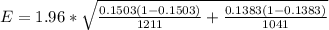 E =  1.96 *  \sqrt{\frac{ 0.1503 (1- 0.1503)}{1211}  + \frac{0.1383 (1- 0.1383)}{1041}  }