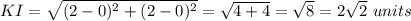 KI=\sqrt{(2-0)^2+(2-0)^2}=\sqrt{4+4}=\sqrt{8}=2\sqrt{2}\ units
