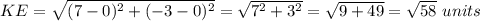 KE=\sqrt{(7-0)^2+(-3-0)^2}=\sqrt{7^2+3^2}=\sqrt{9+49}=\sqrt{58}\ units