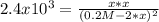 2.4x10^3=\frac{x*x}{(0.2M-2*x)^2}