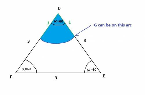 Let $DEF$ be an equilateral triangle with side length $3.$ At random, a point $G$ is chosen inside t