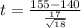 t  =  \frac{ 155  - 140 }{ \frac{ 17 }{ \sqrt{18} } }