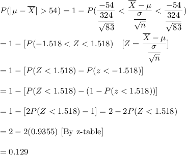 P(|\mu-\overline{X}|54)=1-P(\dfrac{-54}{\dfrac{324}{\sqrt{83}}}