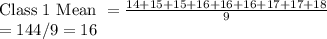 \text{Class 1 Mean }= \frac{14+15+15+16+16+16+17+17+18}{9} \\=144/9=16
