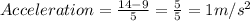 Acceleration=\frac{14-9}{5}=\frac{5}{5}=1m/s^{2}