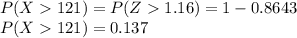 P(X121)=P(Z1.16)=1-0.8643\\P(X121)=0.137\\