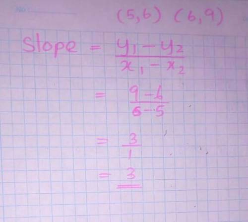 Write the slope intercept form for a line that goes through the points (5,6) and
(6,9).
