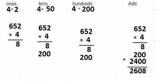 What are the partial products to 652 x 4 =2608