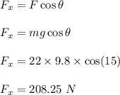 F_x=F\cos\theta\\\\F_x=mg\cos\theta\\\\F_x=22\times 9.8\times \cos(15)\\\\F_x=208.25\ N