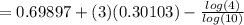 = 0.69897 + (3) (0.30103) - \frac{log (4)}{log(10)}