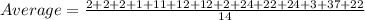 Average = \frac{2+ 2+ 2+ 1+ 11+ 12+ 12+ 2+ 24+ 22+ 24+ 3+ 37+ 22}{14}