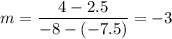 m=\dfrac{4-2.5}{-8-(-7.5)} = -3