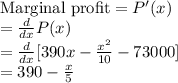 \text{Marginal profit}=P'(x)\\=\frac{d}{dx}P(x)\\=\frac{d}{dx}[390x-\frac{x^{2}}{10}- 73000]\\=390-\frac{x}{5}