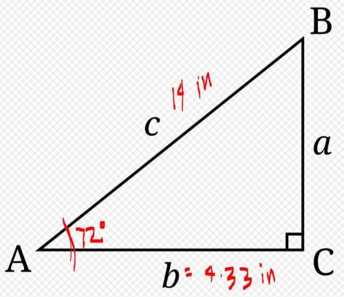 A triangle has a hypotenuse of 14 inches. Angle A is equal to

72 degrees.
Find the length of the ad