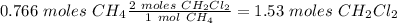 0.766~moles~CH_4\frac{2~moles~CH_2Cl_2}{1~mol~CH_4}=1.53~moles~CH_2Cl_2