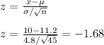 z=\frac{x-\mu}{\sigma/\sqrt{n} }\\\\ z=\frac{10-11.2}{4.8/\sqrt{45} }= -1.68