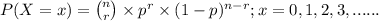 P(X = x) = \binom{n}{r}\times p^{r}\times (1-p)^{n-r}; x = 0,1,2,3,......