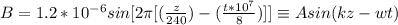 B=1.2* 10^{-6} sin [2\pi[(\frac{z}{240} ) - ( \frac{t * 10^7}{8} ) ] ]  \equiv A sin ( kz -wt )