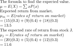 \text{The formula to find the expected value.} \\\mu =E(X) = \sum xP(x) \\\text{Expceted return from market.} \\\mu_m = E(rates \ of \ return \ on \ market) \\= (15)(0.3)+(9)(0.4)+(18)(0.3) \\= 13.5 \\\text{The expected rate of return from stock J.} \\\mu_j = E(rates \ of \ return \ on \ market) \\= (20)(0.3) + (5)(0.4) + (12)(0.3) \\= 11.6 \\
