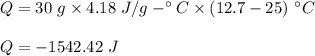 Q=30\ g\times 4.18\ J/g-^{\circ} C\times (12.7-25)\ ^{\circ} C\\\\Q=-1542.42\ J