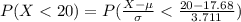 P(X <  20 ) =  P( \frac{X -  \mu }{ \sigma }  <  \frac{ 20 -  17.68 }{ 3.711}   )