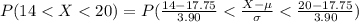 P(14 <  X  <  20 ) =  P( \frac{ 14 -  17.75}{3.90}