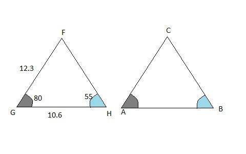 In triangle FGH, FG = 12.3 cm, GH = 10.6 cm, Measure of angle G = 80 degrees, and Measure of angle H
