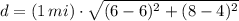 d = (1\,mi)\cdot \sqrt{(6-6)^{2}+(8-4)^{2}}
