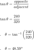 \tan \theta=\dfrac{opposite}{adjacent}\\\\\\\tan \theta=\dfrac{240}{320}\\\\\\.\quad \theta=\tan^{-1}\bigg(\dfrac{240}{320}\bigg)\\\\\\.\quad \theta =48.59^o