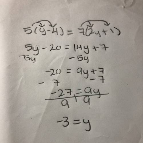 Solving equations with variables on both sides. check answer pls 5(y-4)=7(2y+1) can you also show th