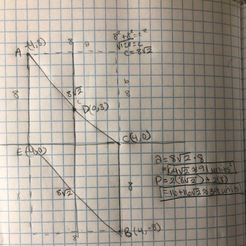 Find the area and perimeter of a polygon with vertices located at A(-4,-8), B(4, -8), C(4, 0), D(0,