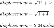 displacement= \sqrt{1^2+2^2} \\\\displacement= \sqrt{1+4} \\\\displacement=2.24 miles