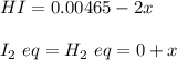 HI  = 0.00465 - 2x\\\\ I_{2}  \ eq = H_2 \ eq = 0 + x \\\\