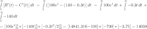 \int\limits^0_5 {[R'(t)-C'(t)]} \, dt =\int\limits^0_5 {([100e^t-(140-0.3t)]} \, dt=\int\limits^0_5 {100e^t} \, dt  +\int\limits^0_5 {-0.3t} \, dt  +\int\limits^0_5 {-140} \, dt  \\\\=[100e^t]_0^5+[ -140t]_0^5+[-0.3t^2/2]_0^5=[14841.316-100]+[-700]+[-3.75]=14038