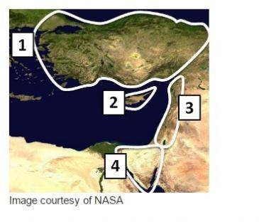 On the map above, the region located at Number 3 is known as . A. Asia Minor B. Palestine C. Cyprus