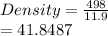 Density =  \frac{498}{11.9}  \\   = 41.8487