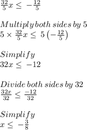 \frac{32}{5}x\le \:-\frac{12}{5}\\\\Multiply \:both\:sides\:by\:5\\5\times\frac{32}{5}x\le \:5\left(-\frac{12}{5}\right)\\\\Simplify\\32x\le \:-12\\\\Divide \:both\:sides\:by\:32\\\frac{32x}{32}\le \frac{-12}{32}\\\\Simplify\\x\le \:-\frac{3}{8}