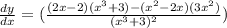 \frac{dy}{dx}=(\frac{(2x-2)(x^3+3)-(x^2-2x)(3x^2)}{(x^3+3)^2})