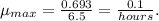 \mu_{max} = \frac{0.693}{6.5} = \frac{0.1}{hours}.